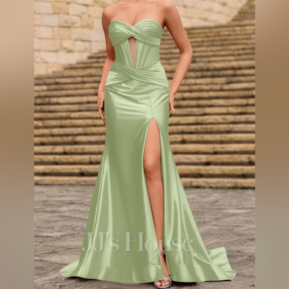 Strapless Sage Green Prom Gown with Front Slit